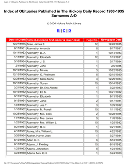 Index of Obituaries Published in the Hickory Daily Record 1930-1935 Surnames A-D