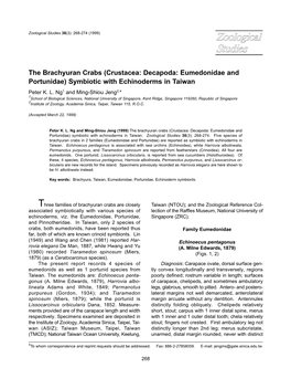 The Brachyuran Crabs (Crustacea: Decapoda: Eumedonidae and Portunidae) Symbiotic with Echinoderms in Taiwan Peter K