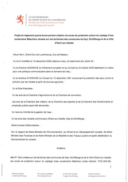 Projet De Règlement Grand-Ducal Portant Création De Zones De Protection Autour Du Captage D'eau Souterraine Wäschbur Situées