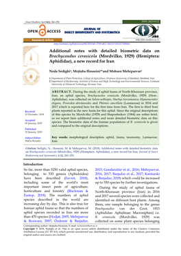 Additional Notes with Detailed Biometric Data on Brachycaudus Cerasicola (Mordvilko, 1929) (Hemiptera: Aphididae), a New Record for Iran