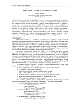 BASIC MULTIVARIATE THEMES and METHODS Lisa L. Harlow University of Rhode Island, United States Lharlow@Uri.Edu Much of Science I