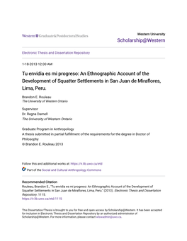 An Ethnographic Account of the Development of Squatter Settlements in San Juan De Miraflores, Lima, Peru