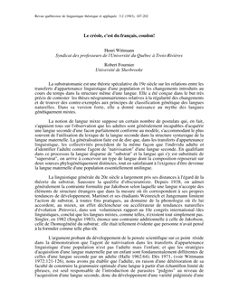 Le Créole, C'est Du Français, Coudon! Henri Wittmann Syndicat Des Professeurs De L'université Du Québec À Trois-Rivières R