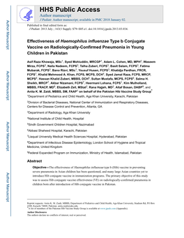 Effectiveness of Haemophilus Influenzae Type B Conjugate Vaccine on Radiologically-Confirmed Pneumonia in Young Children in Pakistan