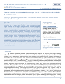 Population Characteristics in Ahmednagar District of Maharashtra State, India