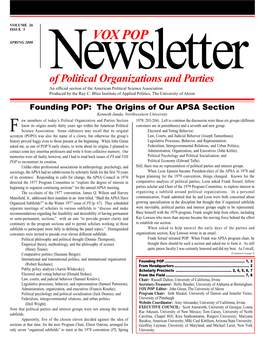 VOX POP SPRING 2008 Newsletter of Political Organizations and Parties an Official Section of the American Political Science Association Produced by the Ray C