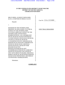 In the United States District Court for the District of South Carolina Charleston Division Bruce Berg, As Heir to Benjamin Katz