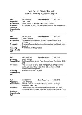 East Devon District Council List of Planning Appeals Lodged