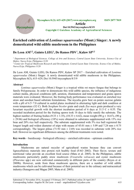 Enriched Cultivation of Lentinus Squarrosulus (Mont.) Singer: a Newly Domesticated Wild Edible Mushroom in the Philippines