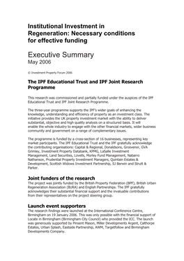 Institutional Investment in Regeneration: Necessary Conditions for Effective Funding Research Findings Executive Summary May 2006