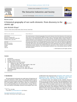 A Historical Geography of Rare Earth Elements: from Discovery to the Atomic Age