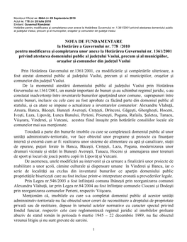 NOTA DE FUNDAMENTARE La Hotărâre a Guvernului Nr. 778 /2010 Pentru Modificarea Şi Completarea Unor Anexe La Hotărârea Guvernului Nr