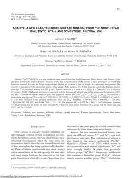 Adanite, a New Lead-Tellurite-Sulfate Mineral from the North Star Mine, Tintic, Utah, and Tombstone, Arizona, Usa