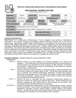 HIGH SCHOOL COURSE OUTLINE (Pilot Board Approved August 18, 2009)