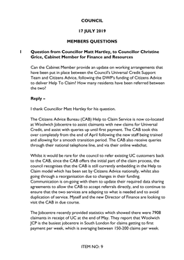 Item No: 9 Council 17 July 2019 Members Questions 1