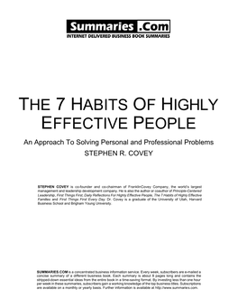 THE 7 HABITS of HIGHLY EFFECTIVE PEOPLE an Approach to Solving Personal and Professional Problems STEPHEN R