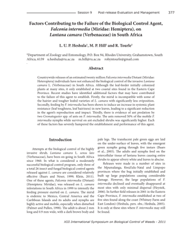 Factors Contributing to the Failure of the Biological Control Agent, Falconia Intermedia (Miridae: Hemiptera), on Lantana Camara (Verbenaceae) in South Africa