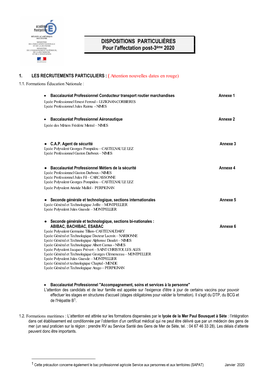 DISPOSITIONS PARTICULIÈRES Pour L'affectation Post-3Ème 2020