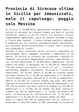 Provincia Di Siracusa Ultima in Sicilia Per Immunizzati, Male Il Capoluogo: Peggio Solo Messina