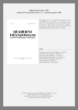 Bibliografia Ligure 1986 Quaderni Franzoniani, Anno I, N. 1, Gennaio-Giugno 1988