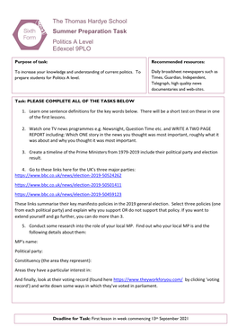 The Thomas Hardye School Summer Preparation Task Politics a Level