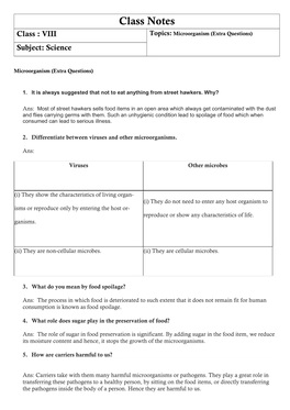 Class Notes Class : VIII Topics: Microorganism (Extra Questions) Subject: Science