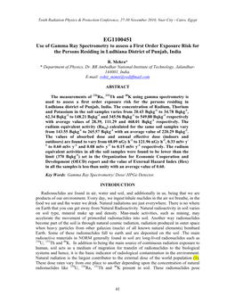 EG1100451 Use of Gamma Ray Spectrometry to Assess a First Order Exposure Risk for the Persons Residing in Ludhiana District of Punjab, India