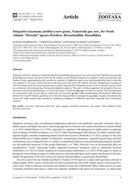 Integrative Taxonomy Justifies a New Genus, Nodastrella Gen