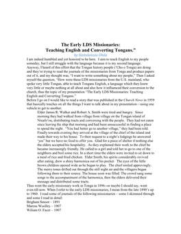 The Early LDS Missionaries: Teaching English and Converting Tongans.” by Haitelenisia Uhila I Am Indeed Humbled and Yet Honored to Be Here