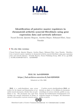 Identification of Putative Master Regulators in Rheumatoid Arthritis Synovial Fibroblasts Using Gene Expression Data and Network