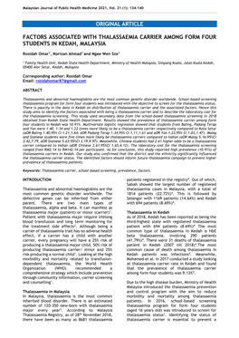 Original Article Factors Associated with Thalassaemia Carrier Among Form Four Students in Kedah, Malaysia