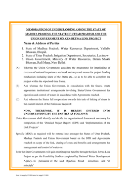 Name & Address of Parties 1. State of Madhya Pradesh, Water Resources