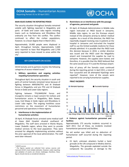 OCHA Somalia – Humanitarian Access Reporting Period: 01 to 30 April 2011