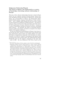 Ma Lgorzata Perkowska-Waszek the Letters of Ignacy Jan Paderewski As a Source of Knowledge Concerning Cultural Relationships of Europe∗