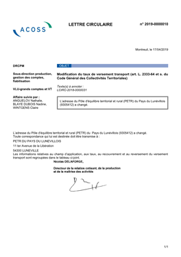 LETTRE CIRCULAIRE N° 2019-0000010