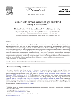 Comorbidity Between Depression and Disordered Eating in Adolescents☆ ⁎ Melissa Santos A, , C