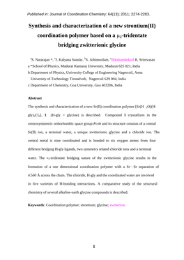 Synthesis and Characterization of a New Strontium(II) Coordination Polymer Based on a Μ2-Tridentate Bridging Zwitterionic Glyci