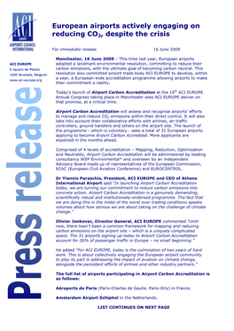 16/06/09 European Airports Actively Engaging on Reducing CO2 Despite the Crisis