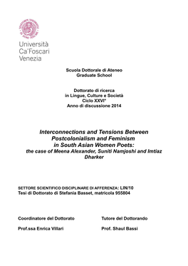 Interconnections and Tensions Between Postcolonialism and Feminism in South Asian Women Poets: the Case of Meena Alexander, Suniti Namjoshi and Imtiaz Dharker