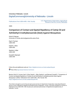 Comparison of Contact and Spatial Repellency of Catnip Oil and N,N-Diethyl-3-Methylbenzamide (Deet) Against Mosquitoes