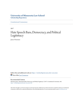 Hate Speech Bans, Democracy, and Political Legitimacy James Weinstein