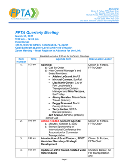FPTA Quarterly Meeting March 31, 2021 9:00 Am – 12:30 Pm Hotel Duval 415 N