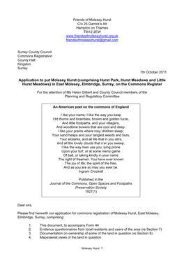 Comprising Hurst Park, Hurst Meadows and Little Hurst Meadows) in East Molesey, Elmbridge, Surrey, on the Commons Register