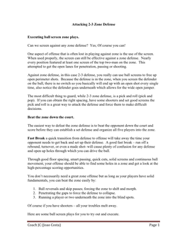 Coach JC (Joao Costa) Page 1 Attacking 2-3 Zone Defense Executing Ball Screen Zone Plays. Can We Screen Against Any Zone Defen