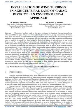 Installation of Wind Turbines in Agricultural Land of Gadag District : an Environmental Approach