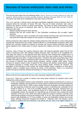 Sources of Human Embryonic Stem Cells and Ethics