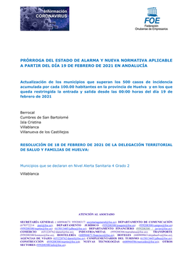 Prórroga Del Estado De Alarma Y Nueva Normativa Aplicable a Partir Del Día 19 De Febrero De 2021 En Andalucía