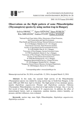 Observations on the Flight Pattern of Some Phlaeothripidae (Thysanoptera) Species by Using Suction Trap in Hungary