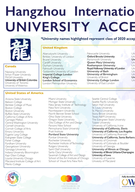 Hangzhou International School UNIVERSITY ACCEPTANCES *University Names Highlighted Represent Class of 2020 Acceptances