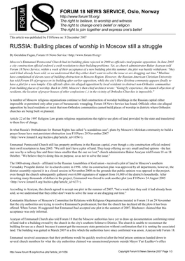 RUSSIA: Building Places of Worship in Moscow Still a Struggle